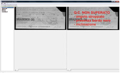 Controlli di qualità automatici applicati su assegni bancari. Su questa immagine è stato riscontrato un angolo strappato, la presenza di bordo nero e di skew