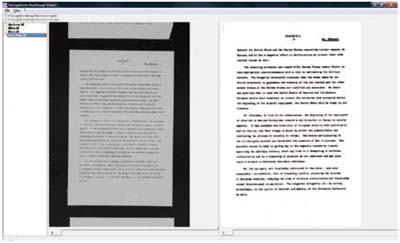 Black Border Removal, Deskew and Dynamic Thresholding applied to a page scanned from microfilm: on the left the original image, on the right the one on trial
