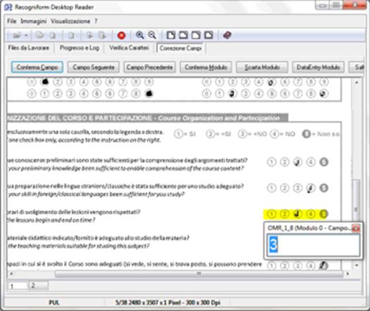 Verifica visuale assistita. A video è presentata l'immagine scannerizzata, con il campo dubbio chiaramente evidenziato. Effettuata la scansione, la carta non serve più: le immagini dei questionari sono salvate ed archiviate in formato elettronico.