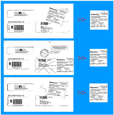 Example of use of the technology Recogniform FormLocator™: the sticker pasted on the envelopes, randomly located and oriented in a different way, it is automatically detected, extracted and normalized so that they can be treated as a normal sub-module, although content within another document.