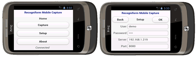 Step 1: Recogniform Mobile Capture si collega al server e recupera le informazioni relative all'utente corrente, così da consentire l'utilizzo dei templates per i quali l'utente è abilitato. La definizione dei parametri di set-up (immagine a destra) è richiesta solo al primo utilizzo della App
