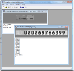 An example of the OCR executed on serial numbers of banknotes: note how for each character is also given the confidence of reading